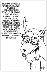  anthro border braces buckteeth deer eyewear female fur glasses hair half-closed_eyes hi_res horn long_hair mammal monochrome narrowed_eyes renita_reed renita_reed_(character) self_insert solo spanish_text teeth text translation_request white_body white_border white_fur 