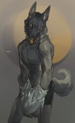  1boy animal_ears artist_name black_fur black_shorts body_fur colored_tongue curled_tail furry furry_male grey_background grey_eyes heterochromia highres holding holding_clothes holding_shirt kunaru_(799865444232548352) looking_at_viewer male_focus navel original shirt shorts simple_background solo standing tail tongue tongue_out topless_male unworn_shirt white_shirt wolf_boy wolf_ears wolf_tail yellow_eyes yellow_tongue 