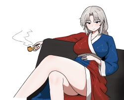  alternate_costume blue_eyes breasts closed_mouth cocktiel77 commentary_request constellation_print crossed_legs female grey_hair hand_on_own_stomach holding holding_smoking_pipe japanese_clothes kimono korean_commentary large_breasts light_blush long_hair looking_at_viewer no_headwear parted_bangs sitting smoke_trail smoking_pipe solo thighs touhou two-tone_dress white_background wide_sleeves yagokoro_eirin yukata 