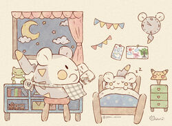  :&gt; apron bed black_eyes book clock cloud commentary_request curtains drawer drawing_(object) indoors mian_(user_kwcj2833) moon night no_humans pikachu pokemon pokemon_(creature) pokemon_move signature sitting sleeping solid_oval_eyes star_(sky) stool substitute_(pokemon) togedemaru toy_train under_covers waist_apron watermark window zzz 