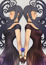  2girls black_dress black_gloves blue_flower blue_rose blunt_bangs breasts choker closed_eyes dress earrings floating_hair flower from_side gloves grey_hair highres jewelry long_hair medium_breasts multiple_girls original profile rose short_sleeves upper_body yumeko_(yumeyana_g) 