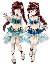  2girls :d amane_tsukasa amane_tsukasa_(swimsuit_ver.) amane_tsukuyo amane_tsukuyo_(swimsuit_ver.) aqua_bikini arm_at_side asymmetrical_footwear bikini bikini_skirt black_choker blue_bikini blush bow bow_bikini braid braided_ponytail brown_hair choker closed_eyes coral_hair_ornament crescent crescent_choker crescent_hair_ornament dot_nose eighth_note flower frilled_bikini frills hair_flower hair_ornament hairbow halterneck hand_up high_braid highres holding_hands long_hair looking_at_viewer magia_record:_mahou_shoujo_madoka_magica_gaiden mahou_shoujo_madoka_magica matching_outfits midriff multiple_girls musical_note navel official_alternate_costume platform_footwear plumeria red_bow sandals shell_hair_ornament siblings sidelocks simple_background single_braid single_wrist_cuff sisters smile spaghetti_strap star_(symbol) star_hair_ornament swimsuit treble_clef twin_braids twins uwded_207 very_long_hair waving white_background white_bow white_flower white_wrist_cuffs wrist_cuffs yellow_flower 