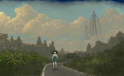  black_hair blue_skirt blue_sky bug building cloud cloudy_sky female floating leaf long_hair long_sleeves original outdoors plant road shadow shirt shirt_tucked_in skirt sky solo tree white_shirt wide_shot yumeko_(yumeyana_g) 