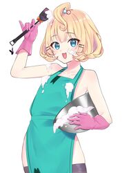  absurdres ahoge apron blonde_hair blue_eyes bowl cowboy_shot cream cream_on_face female food food_on_face gloves green_apron hair_ornament highres holding holding_bowl holding_spatula millie_parfait mixing_bowl nearly_naked_apron nijisanji nijisanji_en open_mouth pink_gloves seiji_kimoti short_hair simple_background smile solo spatula standing thighhighs virtual_youtuber white_background 