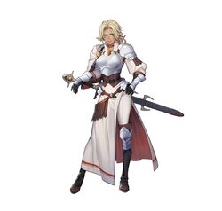  absurdres arm_guards armor belt blonde_hair blue_eyes boobplate breastplate breasts catherine_(fire_emblem) closed_mouth commentary_request dark-skinned_female dark_skin female fire_emblem fire_emblem:_three_houses fire_emblem_heroes full_body gloves hand_on_own_hip highres knee_pads lips long_hair long_sleeves looking_at_viewer medium_breasts official_art p-nekor pants parted_bangs puffy_sleeves shoulder_armor simple_background smile solo standing sword thunderbrand weapon white_background white_pants 