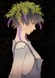  bare_shoulders black_hair earrings female flower from_side grey_overalls grey_shirt hair_flower hair_ornament highres jewelry leaf long_sleeves original overalls profile shirt short_hair solo upper_body wisteria yumeko_(yumeyana_g) 