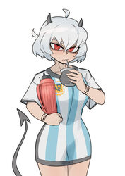  absurdres ahoge argentina asociacion_de_futbol_argentina bags_under_eyes blue_shirt bob_cut bracelet breasts closed_mouth collarbone commentary cup danaoharah demon_girl demon_horns demon_tail drink drinking drinking_straw english_commentary female grey_horns grey_tail hair_between_eyes helltaker highres holding holding_cup holding_drink holding_mate holding_thermos horns jersey jewelry large_breasts long_shirt looking_at_viewer malina_(helltaker) mate mixed-language_commentary no_pants red_eyes ringed_eyes shirt short_hair simple_background slit_pupils soccer_uniform solo spanish_commentary sportswear striped_clothes striped_shirt tail thermos thick_eyebrows vertical-striped_clothes vertical-striped_shirt wavy_mouth white_background white_hair white_shirt 