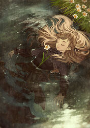  afloat arms_at_sides black_dress black_ribbon braid brown_hair closed_eyes commentary daffodil dress female fine_art_parody flower french_braid grass hair_spread_out highres light_smile long_hair lying_on_water ophelia_(painting) original parody partially_submerged reflection ribbon ripples solo swept_bangs upper_body very_long_hair water white_flower yumeko_(yumeyana_g) 