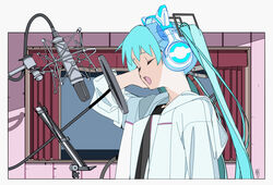  animal_ear_headphones animal_ears black_shirt cat_ear_headphones closed_eyes commentary curtains edoya_inuhachi english_commentary fake_animal_ears female from_side hair_ornament hands_on_headphones hatsune_miku headphones highres hood hooded_jacket indoors jacket long_hair microphone music music_stand open_mouth recording_studio shirt singing solo twintails upper_body very_long_hair vocaloid white_jacket 