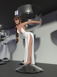  absurdres armlet azur_lane bad_perspective bare_arms bare_legs bare_shoulders barefoot black_hair braid breasts brown_eyes carrying cleavage clenched_teeth collarbone commission commissioner_upload cup dark-skinned_female dark_skin darkan-kana dress drinking_glass earrings feet female full_body glass gold highres jewelry legs long_hair looking_to_the_side mini_person minigirl south_dakota_(azur_lane) south_dakota_(solo_concert)_(azur_lane) teeth time_stop toes white_dress wine_glass 