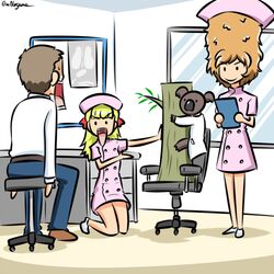  1boy 2girls :d afro blonde_hair blunt_bangs bow chair clipboard closed_mouth commentary dress gesture girls_und_panzer hairbow hat holding holding_clipboard indoors jaw_drop kamonohashi_(girls_und_panzer) kneeling koala kogane_(staygold) lab_coat long_hair looking_at_another lowres messy_hair multiple_girls nurse_cap office_chair open_mouth orange_hair pink_dress pink_headwear red_bow shoes short_dress short_sleeves smile solid_circle_eyes standing stool sweatdrop swivel_chair tree_stump twitter_username wallaby_(girls_und_panzer) white_footwear window 