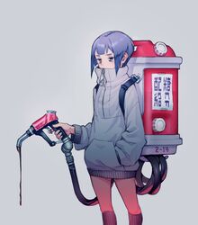  backpack bag bags_under_eyes blue_eyes blue_hair blunt_bangs commentary_request cowboy_shot dated dripping female gas_can gas_pump gas_pump_nozzle grey_background hand_in_pocket heart high_collar highres hood hoodie looking_at_viewer nc_empire_(circle) original short_hair_with_long_locks sidelocks sign simple_background socks solo tape translation_request valentine zipper_pull_tab 