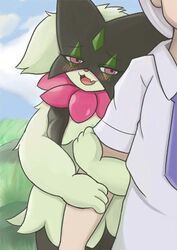  anthro bigmi_nono blush breasts clothed clothing duo felid feline female florian_(pokemon) fur generation_9_pokemon green_body green_fur human male male/female mammal meowscarada necktie nintendo pokemon pokemon_(species) purple_clothing purple_necktie school_uniform small_breasts smile uniform uva_academy 