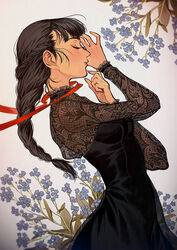  arm_up black_dress black_hair blue_flower braid braided_ponytail closed_eyes closed_mouth commentary dress female floral_background flower forget-me-not_(flower) french_braid from_side hand_up highres lace lace_sleeves leaf long_hair long_sleeves original plant profile red_ribbon ribbon solo upper_body yumeko_(yumeyana_g) 