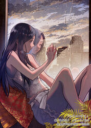  black_hair black_shorts building camisole closed_mouth cloud cloudy_sky crying different_reflection feet_out_of_frame female hand_up knees_up leaf long_hair original profile rain reflection ribbon shorts sky solo white_camisole white_ribbon window yumeko_(yumeyana_g) 