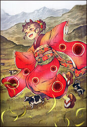  akabeko animal black_hair black_horns bovine brown_eyes chinese_zodiac eyeliner female flower full_body grass hair_bun hair_flower hair_ornament highres horns japanese_clothes kimono leaf makeup open_mouth original outline print_kimono red_flower red_kimono sandals short_hair single_hair_bun smile solo white_outline year_of_the_ox yumeko_(yumeyana_g) 