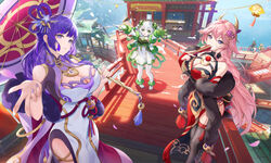  3girls absurdres alternate_costume bare_shoulders black_thighhighs breasts bupa_chila clothing_cutout dress folding_fan genshin_impact gloves green_eyes green_gloves grey_hair hair_ornament hand_fan highres holding holding_fan large_breasts long_hair looking_at_viewer mole mole_under_eye multiple_girls nahida_(genshin_impact) nail_polish outdoors parted_lips pink_hair purple_eyes purple_hair purple_nails raiden_shogun red_dress shoulder_cutout smile snow thighhighs white_dress yae_miko 