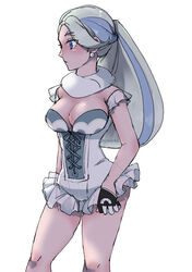  adapted_costume alternate_hairstyle blue_eyes breasts cleavage closed_mouth commentary_request earrings female frills gloves highres jewelry knees melony_(pokemon) nyoripoke partially_fingerless_gloves pokemon pokemon_swsh ponytail scarf simple_background solo twitter_username watermark white_background white_scarf 