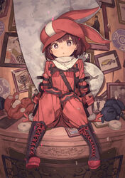  animal_ears black_hair boots bright_pupils cross-laced_footwear female fireplace fisheye full_body gloves hat highres knee_pads kuroboshi_kouhaku llenn_(sao) load_bearing_vest looking_at_viewer official_art photo_(object) pink_hat purple_eyes rabbit_ears scarf second-party_source sitting solo stuffed_animal stuffed_toy sword_art_online sword_art_online_alternative:_gun_gale_online teddy_bear white_pupils 