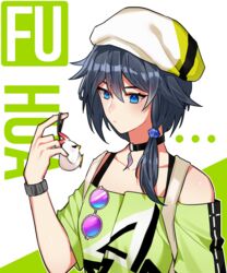  3o_c backpack bag beret bird blue_eyes blue_hair casual character_name charm_(object) chicken commentary female fu_hua fu_hua_(night_squire) fu_hua_(spring_traveler) green_background green_shirt grey_hair hair_between_eyes hat holding honkai_(series) honkai_impact_3rd jingwei_(bird) long_hair looking_at_object low-tied_long_hair low_ponytail object_on_head off-shoulder_shirt off_shoulder official_alternate_costume ponytail shirt short_sleeves solo sunglasses unworn_eyewear upper_body white_background white_hat 