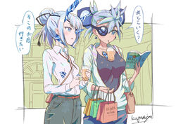  2girls artist_name bag black_shirt black_skirt book border breasts bubble_tea bubble_tea_challenge casual chest_jewel closed_eyes closed_mouth collared_shirt contemporary dark-skinned_female dark_skin double_bun drinking drinking_straw earrings eyepatch green_jacket hair_bun holding holding_bag holding_book horns jacket jewelry kageyasu long_sleeves multiple_girls necklace open_mouth praxis_(xenoblade) shirt shopping_bag siblings signature single_hair_bun sisters skirt theory_(xenoblade) white_border white_shirt xenoblade_chronicles_(series) xenoblade_chronicles_2 