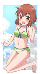  :d bare_arms bare_legs bare_shoulders barefoot bikini blush breasts brown_eyes brown_hair cleavage collarbone commentary_request day female front-tie_bikini_top front-tie_top full_body green_bikini hair_between_eyes hand_up highres inokuma_youko kin-iro_mosaic legs looking_at_viewer medium_breasts navel oerba_yun_fang open_mouth smile solo striped_bikini striped_clothes swimsuit takasuma_hiro 