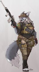  2023 absurd_res anthro assault_rifle auveiss bottomwear brava_(rainbow_six:_seige) brazilian_flag bulletproof_vest camo camo_bottomwear camo_clothing camo_pants camo_print canid canine canis clothed clothing eyewear female fingerless_gloves fn_fal_para footwear glasses gloves gun handwear hat headgear headwear hi_res holding_gun holding_object holding_ranged_weapon holding_rifle holding_weapon knee_pads knife mammal pants pattern_bottomwear pattern_clothing pattern_pants rainbow_six:_siege ranged_weapon rifle round_glasses simple_background solo standing toeless_footwear tom_clancy&#039;s_(series) ubisoft weapon white_background wolf 