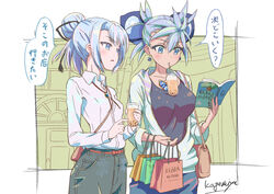  2girls artist_name bag black_shirt black_skirt book border breasts bubble_tea bubble_tea_challenge casual chest_jewel closed_eyes closed_mouth collared_shirt contemporary dark-skinned_female dark_skin double_bun drinking drinking_straw earrings eyepatch green_jacket hair_bun holding holding_bag holding_book horns jacket jewelry kageyasu long_sleeves multiple_girls necklace open_mouth praxis_(xenoblade) shirt shopping_bag siblings signature single_hair_bun sisters skirt theory_(xenoblade) white_border white_shirt xenoblade_chronicles_(series) xenoblade_chronicles_2 