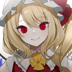  bad_id bad_twitter_id blonde_hair bow commentary daimaou_ruaeru female flandre_scarlet flower hat hat_bow highres long_hair looking_at_viewer mob_cap neck_flower red_bow red_eyes red_vest romaji_commentary shirt side_ponytail simple_background slit_pupils smile solo touhou upper_body vest white_background white_hat white_shirt wings yellow_flower 