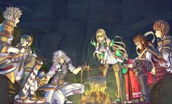  3boys 3girls addam_origo blonde_hair campfire chest_jewel commentary cooking cooking_pot dress fan_la_norne full_body gameplay_mechanics gloves hagoromo highres hugo_ardanach jin_(xenoblade) long_hair lora_(xenoblade) microdress multiple_boys multiple_girls mythra_(massive_melee)_(xenoblade) mythra_(xenoblade) night outdoors pantyhose screwdriver shawl short_dress sitting sitting_on_log standing stirring tiara vvbert white_dress xenoblade_chronicles_(series) xenoblade_chronicles_2 xenoblade_chronicles_2:_torna_-_the_golden_country 