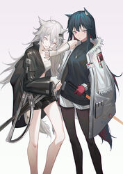  2girls absurdres animal_ears arknights bandeau bare_legs black_hair black_jacket black_legwear black_shirt black_shorts commentary feet_out_of_frame gloves gradient_background grey_background grey_eyes hair_between_eyes hair_ornament hairclip highres holding holding_sword holding_weapon jacket krin_(krinnin) lappland_(arknights) material_growth multiple_girls official_alternate_costume open_clothes open_jacket oripathy_lesion_(arknights) pantyhose red_gloves reverse_grip scar scar_across_eye scar_on_face shirt short_shorts shorts sitting strapless sword symbol-only_commentary tail texas_(arknights) texas_(winter_messenger)_(arknights) tube_top weapon white_background white_hair white_jacket wolf_ears wolf_tail 