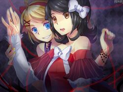  2girls bad_id bad_pixiv_id black_hair blonde_hair blue_eyes bow brown_eyes crossover detached_sleeves hair_ornament hairclip kagamine_rin multiple_girls reka ribbon smile string string_of_fate thread utau utaune_nami vocaloid 