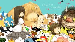  1boy 2girls brown_hair character_request cheburashka commentary_request copyright_request crossover daruma-chan_(series) drawing_(object) gena_the_crocodile_and_his_friends guri_to_gura highres lion moomin moomintroll multiple_crossover multiple_girls nenaiko_dare_da school_uniform serafuku snufkin the_very_hungry_caterpillar the_very_hungry_caterpillar_(character) where_the_wild_things_are yukke 