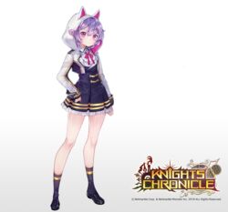  adcd animal_hood bow bowtie cat_hood commentary_request copyright_name female full_body hair_ornament hairclip highres hood knights_chronicle official_art pink_eyes purple_hair ramu_(knights_chronicle) school_uniform short_hair solo white_background 