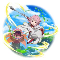  arm_shield armor bad_id breastplate cape energy female floating_hair freckles garish_gerbera highres holding holding_mace holding_weapon lisbeth_(sao) lisbeth_(sao-alo) looking_at_viewer mace magic monster neck_ribbon official_art open_mouth pants pink_hair plant plant_monster pointy_ears red_ribbon ribbon shield short_hair shoulder_armor solo striped striped_ribbon sword_art_online tentacle transparent_background vines waist_cape weapon white_cape white_pants 