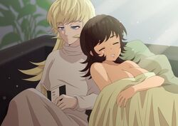  2girls asuka_ryou blanket blonde_hair blue_eyes blurry book breasts brown_hair closed_eyes commentary_request couch depth_of_field devilman fudou_akira genderswap_(mtf) large_breasts light long_hair multiple_girls plant reading rule_63 sleeping small_breasts turtleneck umino_mo_kuzu 