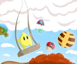  6:5 absurd_res blue_sky citrus_tree cloud fruit_tree galaxy hi_res hive luma mario_bros nintendo orange_leaves orange_tree parooty planet plant rope sky space star super_mario_galaxy swing toad_(mario) tree wood 