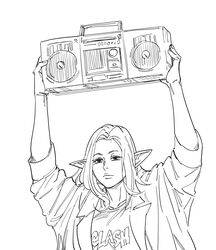  bb_(baalbuddy) boombox clothes_writing coat elf female greyscale highres holding_boombox long_hair monochrome original parody pointy_ears say_anything... shirt solo staring t-shirt trench_coat 