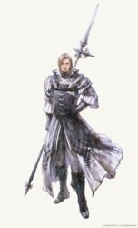  1boy blonde_hair boots copyright_notice dion_lesage final_fantasy final_fantasy_xvi full_body hand_on_own_hip highres holding holding_polearm holding_weapon medium_hair official_art polearm simple_background solo spear square_enix takahashi_kazuya weapon white_background 