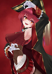  absurdres arched_back arm_up armpits ascot belt black_coat black_hat breasts brown_belt brown_leotard choker coat commentary_request covered_navel cowboy_shot cropped_jacket crossed_bangs female frilled_choker frills from_side gem gloves gold_trim gradient_background hair_between_eyes hat heterochromia highleg highleg_leotard highres hololive houshou_marine houshou_marine_(1st_costume) impossible_clothes jacket large_breasts leotard leotard_under_clothes long_sleeves looking_at_viewer no_eyepatch open_mouth pirate_hat pleated_skirt red_ascot red_background red_eyes red_jacket red_skirt shiny_clothes sidelocks skin_tight skirt sleeveless sleeveless_jacket solo teeth twintails upper_teeth_only virtual_youtuber white_gloves yellow_eyes yuzuyukiha 