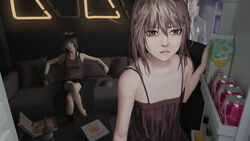  2girls bare_shoulders black_eyes black_hair blue_eyes bottle chinese_commentary coca-cola connor_(detroit) couch detroit:_become_human dress food girls&#039;_frontline highres long_hair m4a1_(girls&#039;_frontline) milk_carton multicolored_hair multiple_girls neon_lights photoshop_(medium) pink_hair pink_lips pizza pizza_box playstation_controller refrigerator shorts soda st_ar-15_(girls&#039;_frontline) streaked_hair tacshojosora tank_top ump45_(girls&#039;_frontline) wine_bottle 