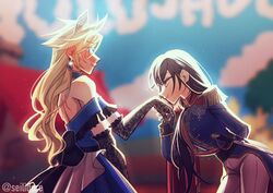  1boy bare_shoulders black_hair blonde_hair blue_eyes blurry blurry_background blush cloud_strife couple crossdressing crown_hair_ornament detached_sleeves dress earrings female final_fantasy final_fantasy_vii final_fantasy_vii_remake highres jewelry kissing kissing_hand long_hair looking_at_another military military_uniform pants red_eyes seilidare straight sword tifa_lockhart uniform weapon 