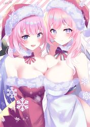  2girls bare_shoulders blue_eyes blush bow bowtie breasts christmas cleavage closed_mouth diagonal_striped_background dress elf elysia_(herrscher_of_human:_ego)_(honkai_impact) elysia_(honkai_impact) elysia_(miss_pink_elf)_(honkai_impact) hair_between_eyes hat highres honkai_(series) honkai_impact_3rd large_breasts long_hair looking_at_viewer multiple_girls open_mouth pink_hair pink_pupils pointy_ears purple_eyes red_bow red_bowtie red_dress santa_costume santa_hat smile snowflakes umiusea_works white_dress 