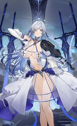  absurdres azur_lane bare_shoulders blue_eyes blue_hair blue_ribbon breast_curtains breasts brennus_(azur_lane) center_opening chinese_commentary cleavage collarbone commentary_request cross detached_sleeves dress female flantia gloves hair_ornament hair_over_one_eye hair_ribbon halo halo_behind_head highres holding holding_instrument holding_violin instrument large_breasts long_hair looking_at_viewer multicolored_hair navel parted_lips puffy_detached_sleeves puffy_sleeves revealing_clothes ribbon see-through see-through_dress sidelocks solo standing stomach two-tone_hair very_long_hair violin white_dress white_gloves white_hair white_sleeves 