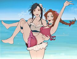  2girls absurdres aerith_gainsborough aerith_gainsborough_(pink_mermaid) arm_up bare_legs beach bikini bikini_skirt black_hair brown_hair carrying commentary_request final_fantasy final_fantasy_vii final_fantasy_vii_rebirth final_fantasy_vii_remake flower frilled_bikini frilled_bikini_top frills hair_flower hair_ornament haru_udon highres looking_at_viewer multiple_girls ocean official_alternate_costume official_alternate_hairstyle open_mouth pink_bikini princess_carry smile swimsuit tifa_lockhart tifa_lockhart_(shining_spirit) v water white_bikini 