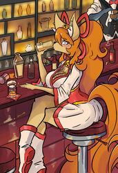  2024 alcohol anthro asian_clothing bartender bell bell_collar beverage big_breasts boots breasts canid canine ceroba_ketsukane clothed clothing collar colored container cup digital_drawing_(artwork) digital_media_(artwork) drinking drinking_glass ear_tuft east_asian_clothing female fishnet_clothing flower fluffy_ears food footwear fox fur glass glass_container glass_cup hair hi_res japanese_clothing kimono long_hair mammal orange_hair orange_tail plant ponytail red_eyes ribbons sash snoutless solo tail tuft undertale_yellow 