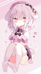  :3 animal_ears beret commission female grey_hair hair_ornament hat highres indie_virtual_youtuber purple_eyes purple_hat rabbit_ears rabbit_girl skeb_commission solo stuffed_animal stuffed_rabbit stuffed_toy suisei_1121 thighhighs usatama_amyu virtual_youtuber white_thighhighs x_hair_ornament 