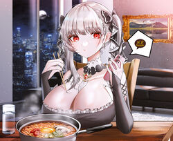  artist_name azur_lane black_nails black_ribbon breast_rest breasts breasts_on_table bridal_gauntlets brooch building cellphone check_commentary chewing chopsticks cityscape clothing_cutout commentary_request cup detached_sleeves dress drinking_glass eating egg_yolk female food formidable_(azur_lane) ga_yeah glass grey_hair hair_ribbon huge_breasts indoors instant_ramen jewelry korean_commentary looking_at_phone mixed-language_commentary moon nail_polish night night_sky noodles painting_(object) phone ramen red_eyes ribbon shoulder_cutout sitting sky skyscraper smartphone solo speech_bubble twintails 