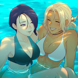  2girls abs bikini blonde_hair blue_bikini blue_hair breasts catherine_(fire_emblem) dark-skinned_female dark_skin fire_emblem fire_emblem:_three_houses front-tie_bikini front-tie_top happy koyorin light_blush multiple_girls o-ring o-ring_bikini partially_submerged shade shamir_nevrand smile swimsuit toned water wet white_bikini 