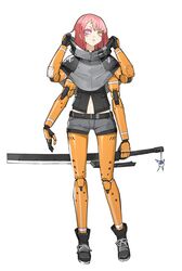  absurdres android extra_arms female heterochromia highres holding holding_sword holding_weapon looking_up mechanical_arms mechanical_legs original pink_eyes pink_hair rocket_neko science_fiction short_shorts shorts shrug_(clothing) sword weapon yellow_eyes 